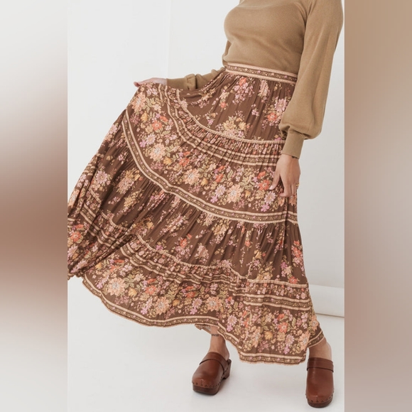 l spell meadowland brown floral skirt boho hippie maxi hazelnut - Picture 2 of 4